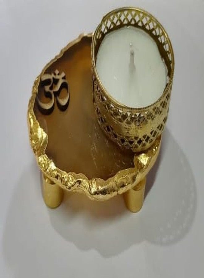 TOI SHOP Agate Coster Tealight Candle Holder for Home Decor, for Gifts, for Diwali, Diya Peinted OM (Brown) - Image 1